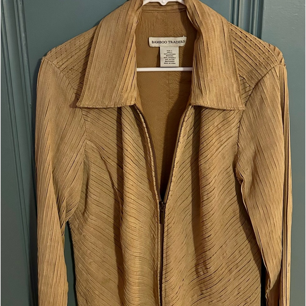 Tan or khaki colored women’s soft genuine leather/suede jacket, size Large